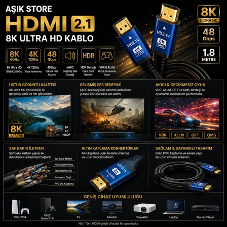 HDMI 2.1 Kablo 1.8 Metre 8K Ultra HD 48Gbps eARC HDR VRR 4K 120Hz Altın Uçlu PS5 Xbox Series X Yüksek Hızlı HDMI Kablo