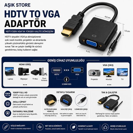 HDMI to VGA Adaptör 1080P Full HD Altın Uçlu 3.5mm Ses Çıkışlı HDMI Erkek VGA Dişi Dönüştürücü Laptop Monitör Projeksiyon TV Bilgisayar