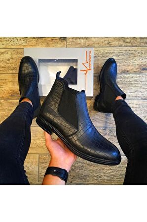 Hakiki Deri Günlük Siyah Kroko Erkek Bot