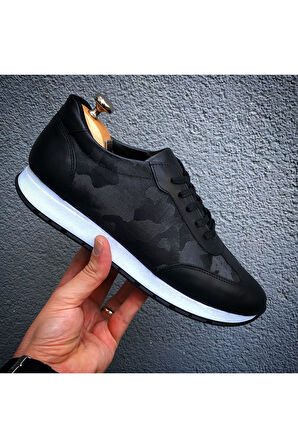 Hakiki Deri Siyah Kamuflaj Desen Siyah Günlük Erkek Ayakkabı