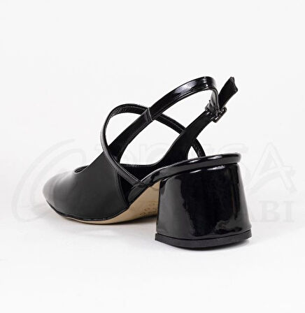 Mergenshoes Mf301 Siyah Üstten Bantlı Kadın Topuklu Ayakkabı