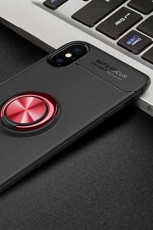 Newface Apple iPhone XS Max Kılıf Range Yüzüklü Silikon - Siyah-Kırmızı