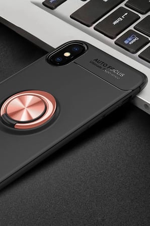 Newface Apple iPhone XS Max Kılıf Range Yüzüklü Silikon - Siyah-Gold