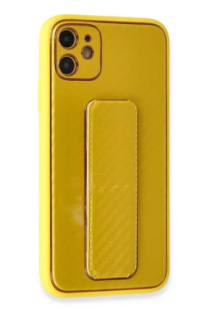 Newface Apple iPhone 12 Kılıf Coco Karbon Standlı Kapak - Sarı