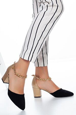 MERVE BAŞ Bilekten Zincir Detaylı Klasik Kalın Topuklu Ayakkabı 