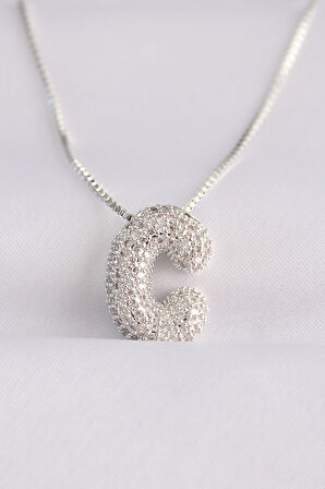 Marydien 316L Çelik Zincirli Zirkon Taşlı C Harfli Silver Renk Bubble Kolye