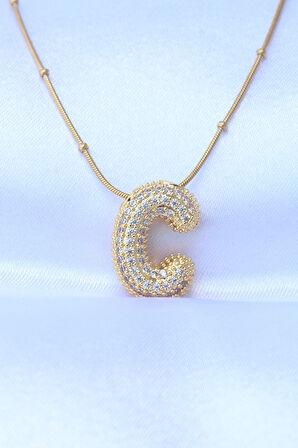 Marydien 316L Çelik Zincirli Zirkon Taşlı C Harfli Gold Renk Bubble Kolye