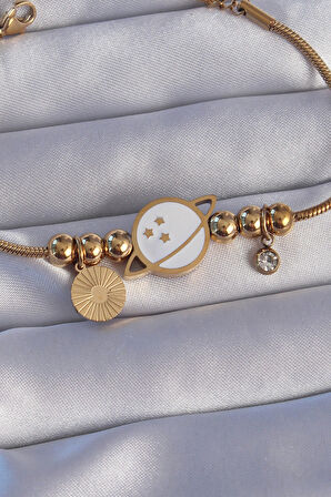 Marydien 316L Çelik Gold Renk Zirkon Taşlı Mineli Satürn Tasarımlı Bileklik