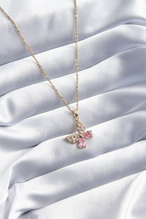 Marydien 316L Çelik Gold Renk Pembe Zirkon Taşlı Kelebek Model Kadın Kolye