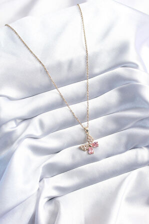 Marydien 316L Çelik Gold Renk Pembe Zirkon Taşlı Kelebek Model Kadın Kolye