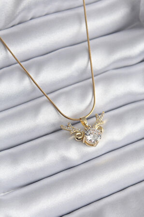 Marydien 316L Çelik Gold Renk Zirkon Taşlı Boynuz Model Kadın Kolye