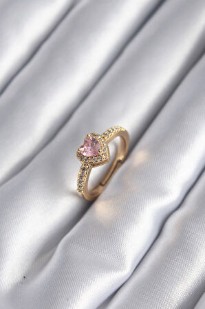 Marydien Pirinç Gold Renk Pembe Zirkon Taş Kalp Model Kadın Yüzük