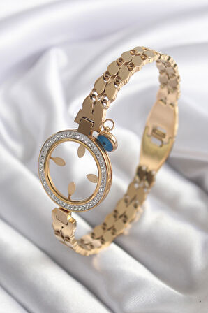Marydien 316L Çelik Gold Renk Arpa Model Zirkon Taş Detay Çeyrek Altın Takılabilir Kadın Kelepçe