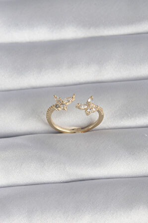 Marydien Pirinç Gold Renk Zirkon Taşlı Kelebek Model Kadın Yüzük
