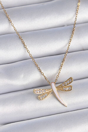 Marydien 316L Çelik Zincir Gold Renk Zirkon Taşlı Pembe Sedefli Yusufçuk Model Kadın Kolye