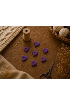 6'lı Mor El Yapımı Polimer Kil Kalp Düğme 1,5 cm – Dekoratif Örgü, Bebek Yeleği ve Amigurumi Düğmesi