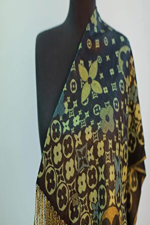 Siyah Turkuaz ve Yeşil Renk Desenli %100 Paşmina Şal Fular