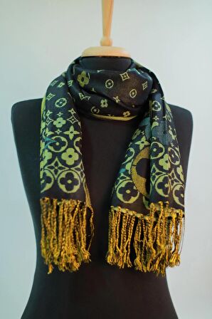 Siyah Turkuaz ve Yeşil Renk Desenli %100 Paşmina Şal Fular