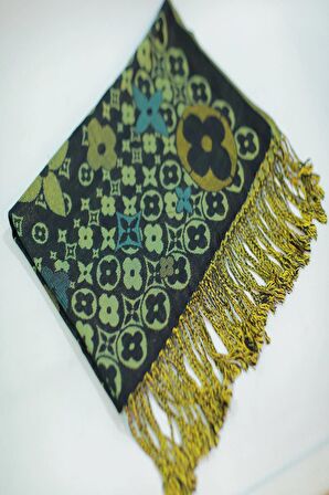 Siyah Turkuaz ve Yeşil Renk Desenli %100 Paşmina Şal Fular