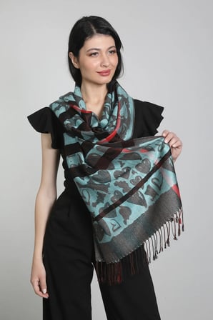 Turkuaz - Siyah Pashmina Desenli Kadın Şal (56 x 110)