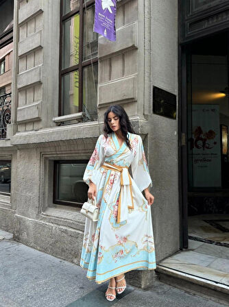 Atlas & Şifon Kumaş Astarlı Kuşaklı Elbise