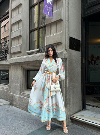 Atlas & Şifon Kumaş Astarlı Kuşaklı Elbise