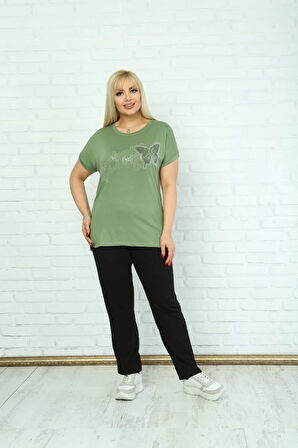 Kadın Büyük Beden Yeşil Taşlı T-shirt