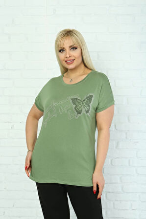 Kadın Büyük Beden Yeşil Taşlı T-shirt