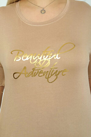 Kadın Büyük Beden Bej Varak Detaylı T-shirt