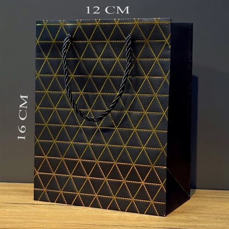Siyah Geometrik Desenli Mini Boy Karton Hediye Çantası