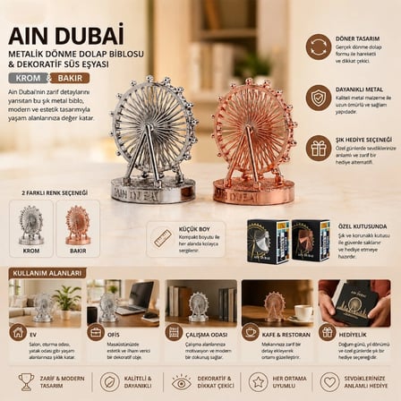 Küçük Boy Metalik Dönme Dolap Biblosu - Ain Dubai Figürü - Dekoratif Süs Eşyası