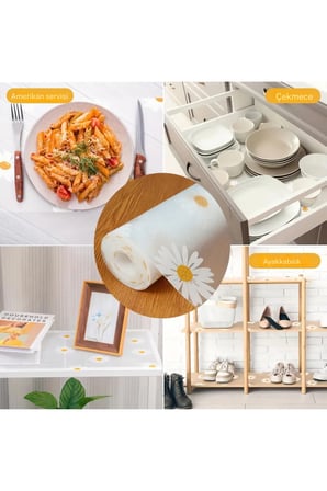 Mutfak Eva Shelf Liner Şeffaf Astar Kaymaz Dolap İçi Çekmece Örtüsü Papatya Desen Mat 45cmx10 Metre