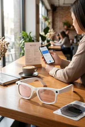 Beyaz Çerçeveli Akıllı Gözlük Fotoğraf Video Ses Kaydı Bluetooth Bağlantılı