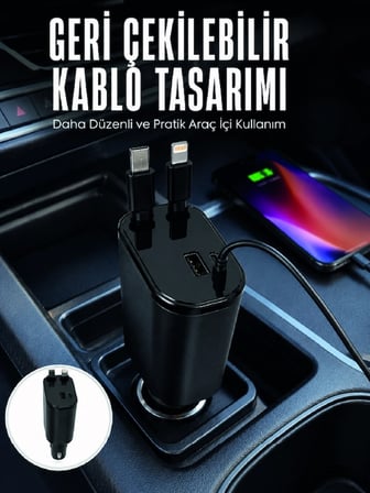 Dijital Voltaj Göstergeli Araç Şarj Cihazı Geri Çekilebilir Kablolu 4 Portlu Hızlı Şarj Adaptörü