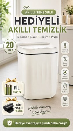 Sensörlü Çöp Kovası 20 Litre Antibakteriyel UV Işık Çöp Torbası Sabitleyici Aparat 4 Pil Hediyeli