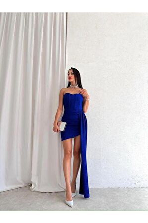 Goblen Dokulu Parlak Sarkıt Kumaş Detaylı Mini Abiye Elbise - Abiye ve Mezuniyet Elbiseleri