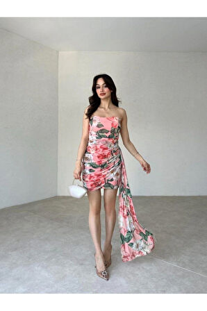 Kadın Desenli Drapeli Sarkıt Kumaş Detaylı Straplez Dekolte Mini Abiye & Mezuniyet Elbisesi