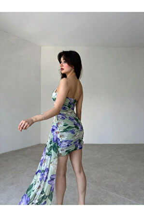 Kadın Desenli Drapeli Sarkıt Kumaş Detaylı Straplez Dekolte Mini Abiye & Mezuniyet Elbisesi