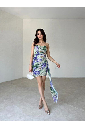 Kadın Desenli Drapeli Sarkıt Kumaş Detaylı Straplez Dekolte Mini Abiye & Mezuniyet Elbisesi