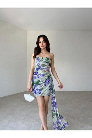 Kadın Desenli Drapeli Sarkıt Kumaş Detaylı Straplez Dekolte Mini Abiye & Mezuniyet Elbisesi