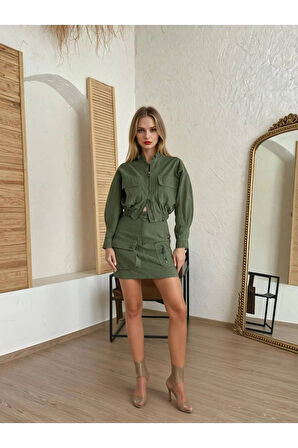 Kadın Cep ve Fermuar Detaylı Etek & Bomber Ceket İkili Takım