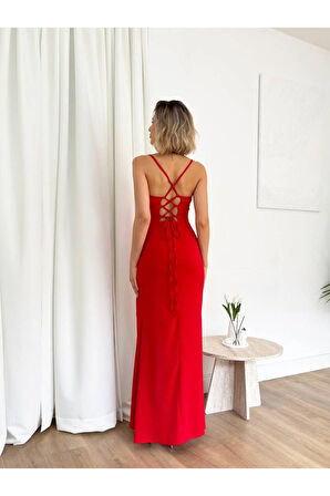 Korse Formlu Sırt Dekolteli Derin Yırtmaçlı Ince Askılı Midi Kırmızı Elbise