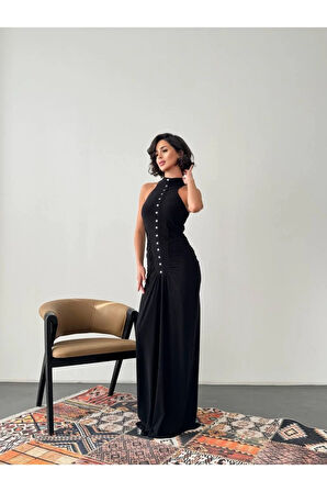 Kadın Abiye Halter Yaka Yanları Dökümlü Süs Düğme Detaylı Maksi Elbise - Abiye & Mezuniyet Elbisesi