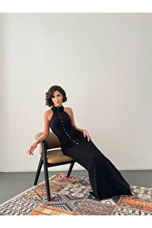 Kadın Abiye Halter Yaka Yanları Dökümlü Süs Düğme Detaylı Maksi Elbise - Abiye & Mezuniyet Elbisesi