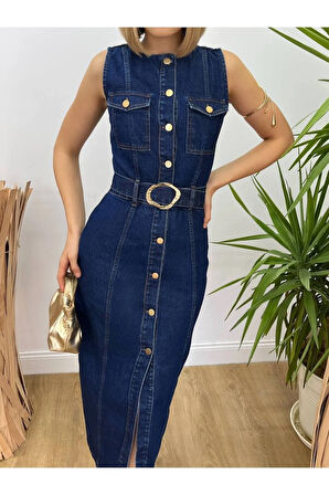 Kadın Abiye Parlak Kolsuz Kemerli Şık Düğmeli Denim Kot Midi Elbise - Abiye & Mezuniyet Elbisesi