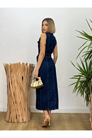 Kadın Abiye Parlak Kolsuz Kemerli Şık Düğmeli Denim Kot Midi Elbise - Abiye & Mezuniyet Elbisesi