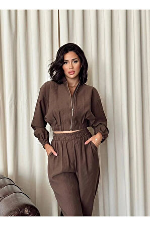 Kadın Yüksel Lastlikli Bel Pantolon & Bisiklet Yaka Fermuarlı Ceket İkili Takım