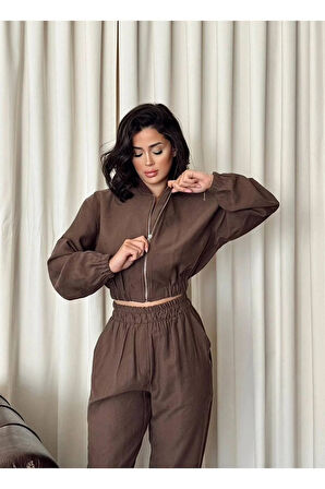 Kadın Yüksel Lastlikli Bel Pantolon & Bisiklet Yaka Fermuarlı Ceket İkili Takım