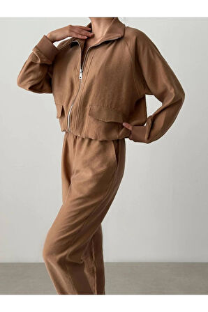 Kadın Beli Lastikli Pantolon Fermuar Kapamalı Ceket İkili Takım