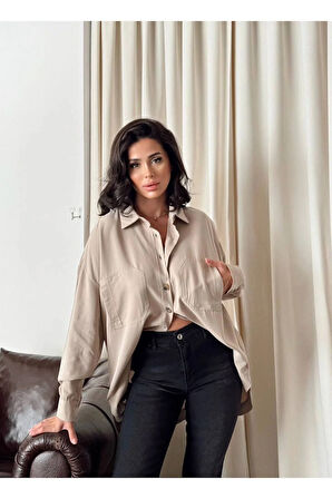 Kadın Oversize Salaş Uzun Kollu Gömlek – Rahat Kesim Şık Günlük Gömlek
